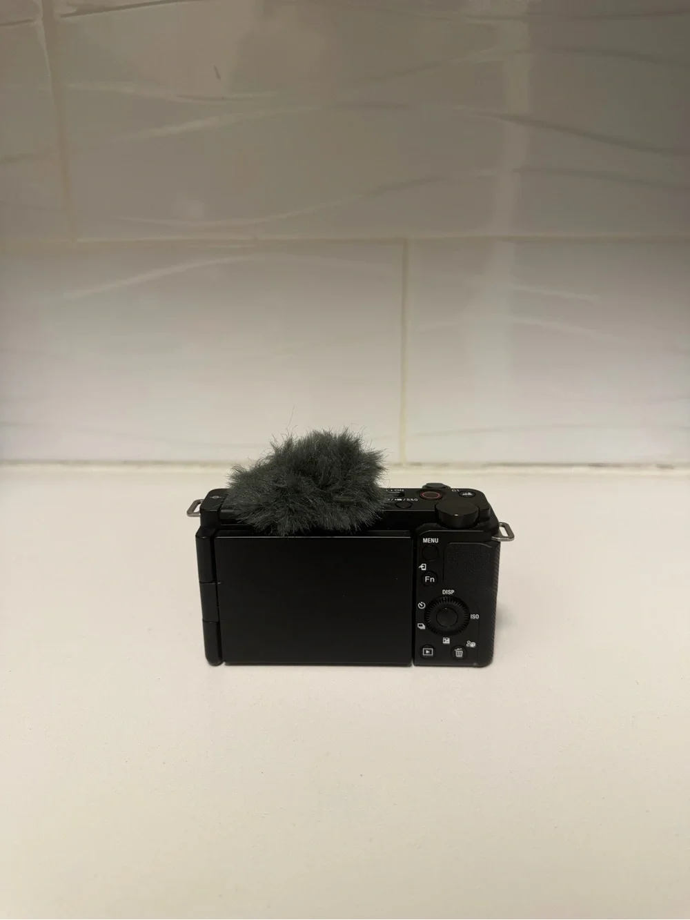 Sony Black Mirrorless Camera with Lens and Gray Wind Muff